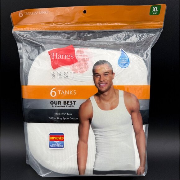 Hanes Best 6 Pack Tanks Mens Tagless White XL 100% Ring Spun Cotton Tank Top - Picture 1 of 3